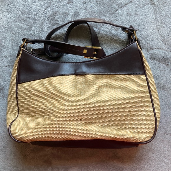 Etienne Aigner Handbags - Etienne Aigner Woven Jute Baguette Shoulder Bag with Faux Leather Strap
